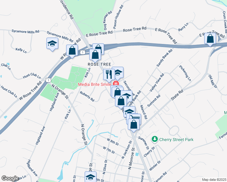 map of restaurants, bars, coffee shops, grocery stores, and more near 1008 North Providence Road in Media