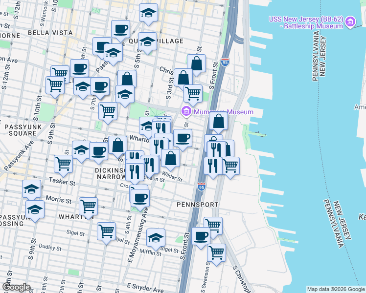 map of restaurants, bars, coffee shops, grocery stores, and more near Wharton Street & South 2nd Street in Philadelphia