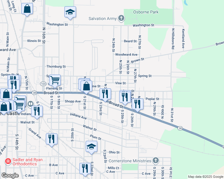map of restaurants, bars, coffee shops, grocery stores, and more near 2324 State Street in New Castle