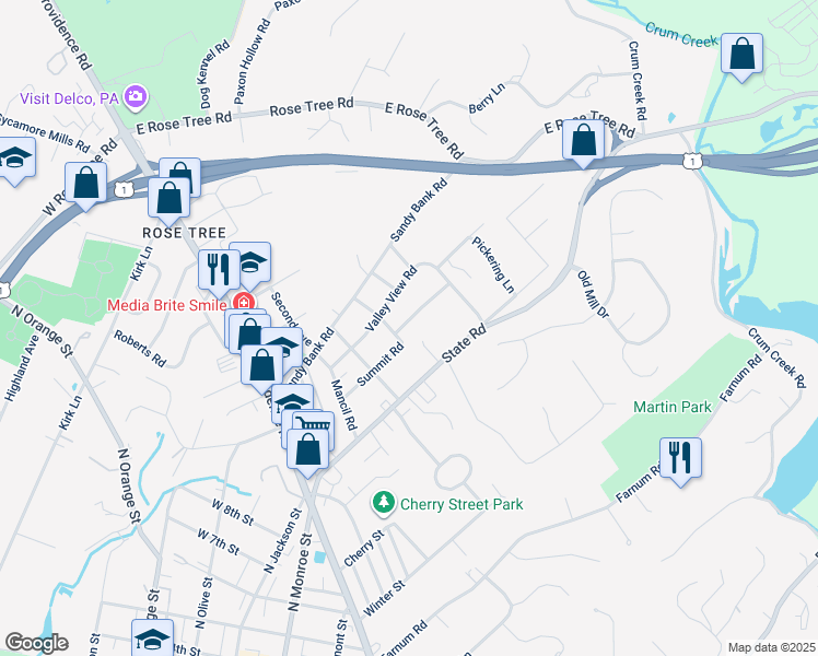 map of restaurants, bars, coffee shops, grocery stores, and more near 311 Summit Road in Media