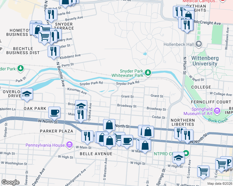 map of restaurants, bars, coffee shops, grocery stores, and more near 920 Grant Street in Springfield
