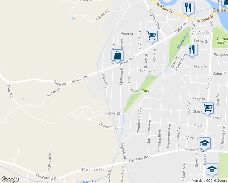 map of restaurants, bars, coffee shops, grocery stores, and more near 554 Schaum Avenue in Zanesville