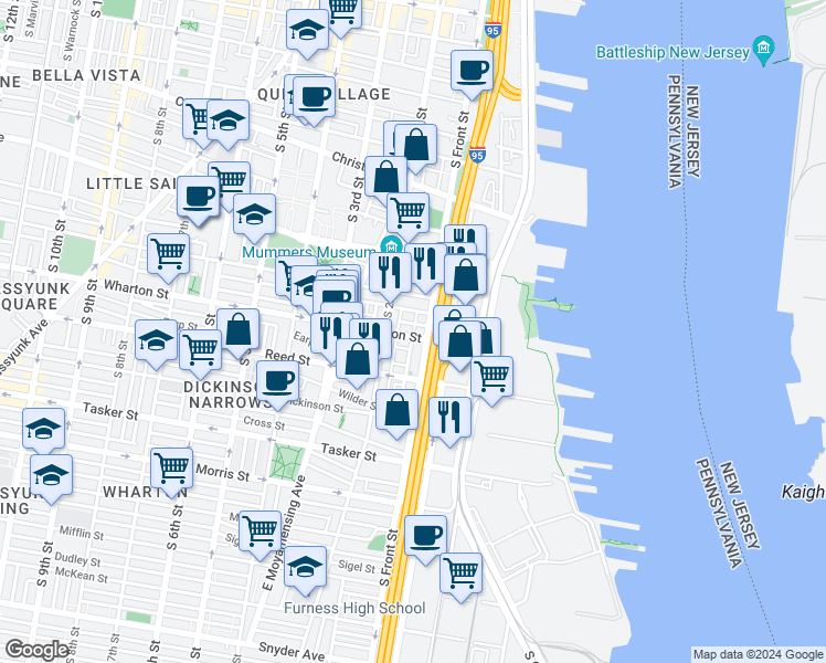 map of restaurants, bars, coffee shops, grocery stores, and more near 111 Wharton Street in Philadelphia