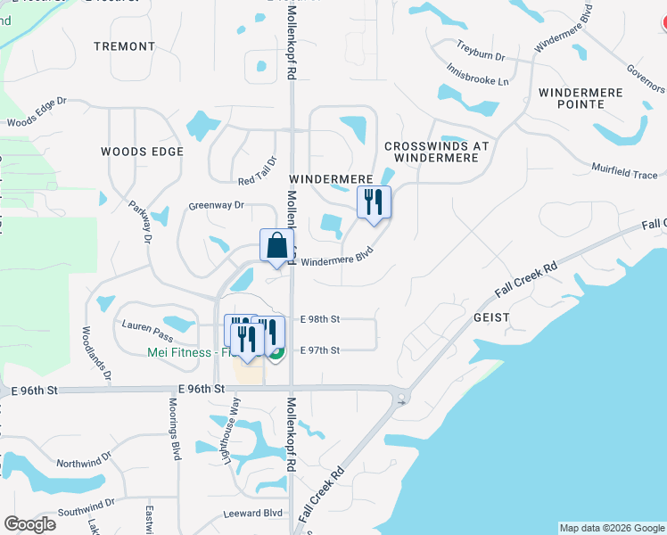 map of restaurants, bars, coffee shops, grocery stores, and more near 9990 Crosswinds Drive in Fishers