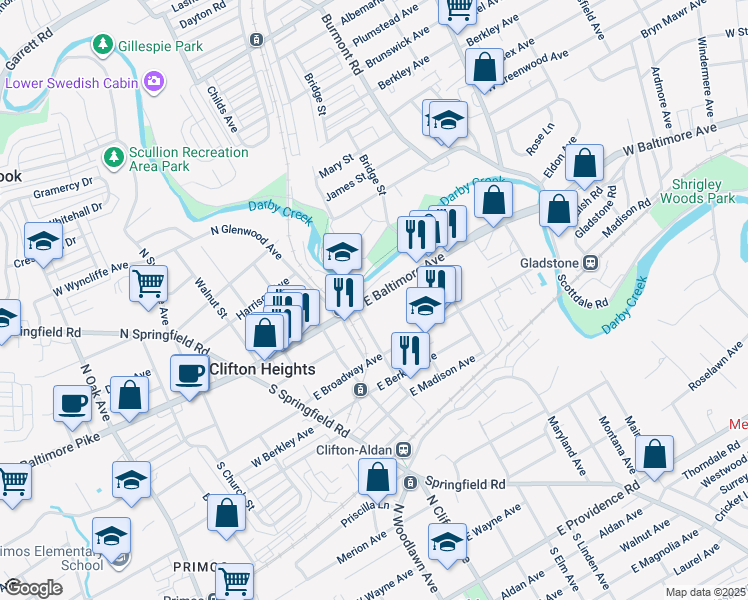 map of restaurants, bars, coffee shops, grocery stores, and more near 312 East Baltimore Avenue in Folsom
