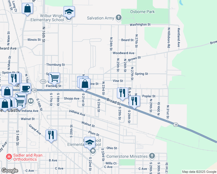 map of restaurants, bars, coffee shops, grocery stores, and more near 2320 State Street in New Castle