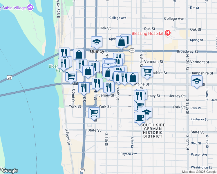 map of restaurants, bars, coffee shops, grocery stores, and more near 440 Maine Street in Quincy