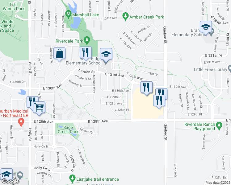 map of restaurants, bars, coffee shops, grocery stores, and more near 6702 E 130th Ave in Thornton