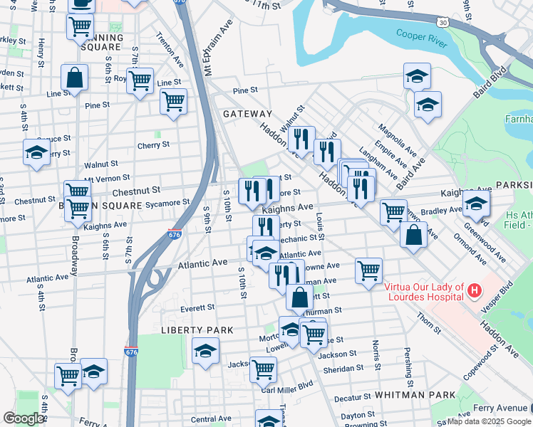 map of restaurants, bars, coffee shops, grocery stores, and more near 1118 Kaighn Avenue in Camden