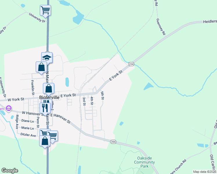 map of restaurants, bars, coffee shops, grocery stores, and more near 257 East York Street in Biglerville