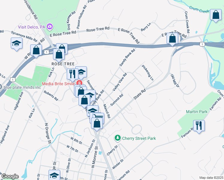 map of restaurants, bars, coffee shops, grocery stores, and more near 220 Valley View Road in Media