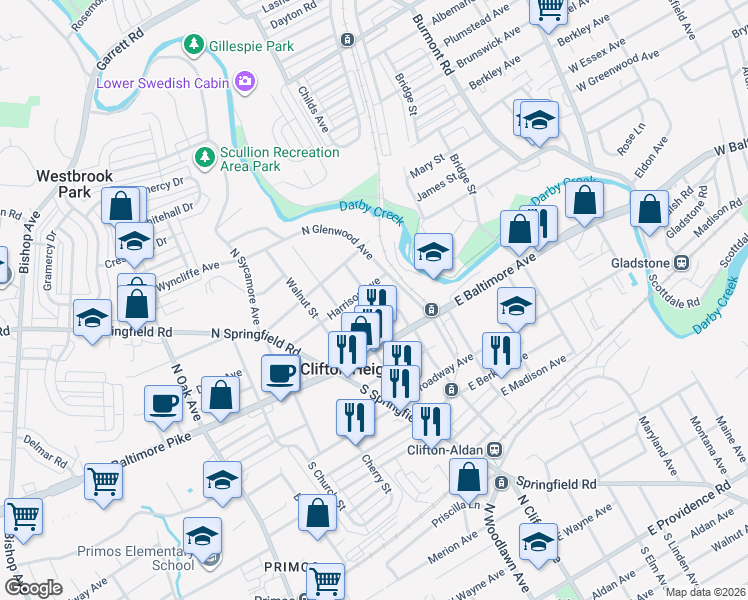 map of restaurants, bars, coffee shops, grocery stores, and more near 37 Maple Terrace in Clifton Heights