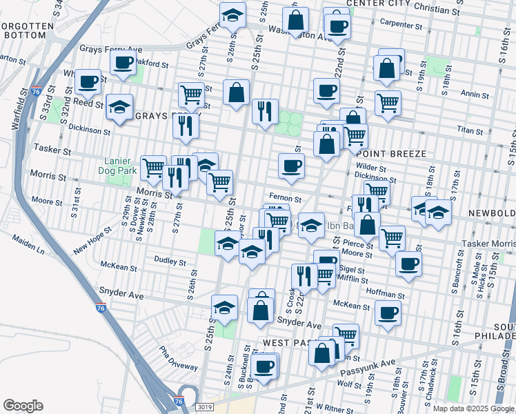 map of restaurants, bars, coffee shops, grocery stores, and more near 1644 South 24th Street in Philadelphia