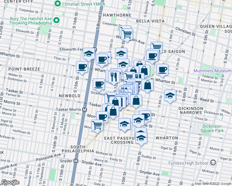 map of restaurants, bars, coffee shops, grocery stores, and more near 1431 South 12th Street in Philadelphia
