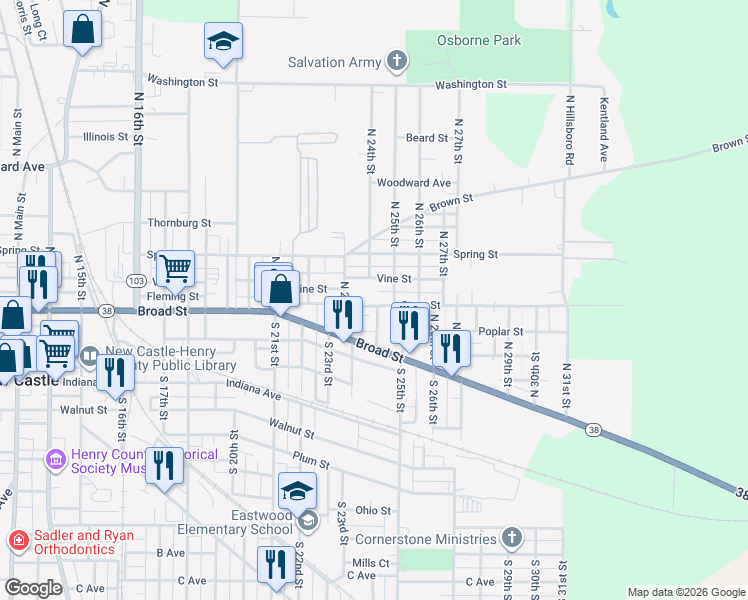 map of restaurants, bars, coffee shops, grocery stores, and more near 2410 State Street in New Castle