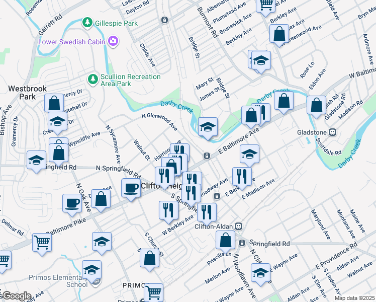 map of restaurants, bars, coffee shops, grocery stores, and more near 51 North Penn Street in Clifton Heights