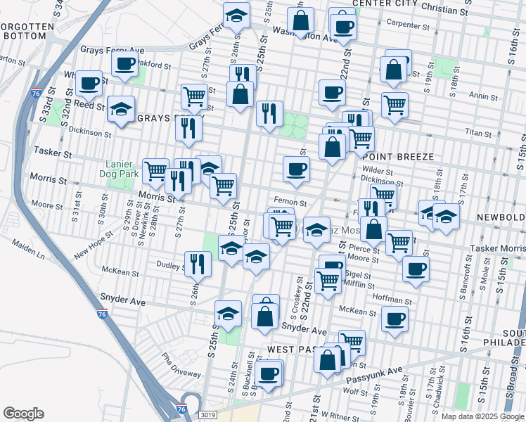 map of restaurants, bars, coffee shops, grocery stores, and more near 2341 Morris Street in Philadelphia