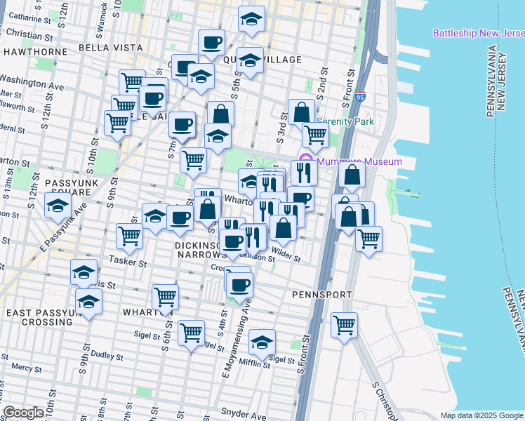 map of restaurants, bars, coffee shops, grocery stores, and more near 307 Sears Street in Philadelphia