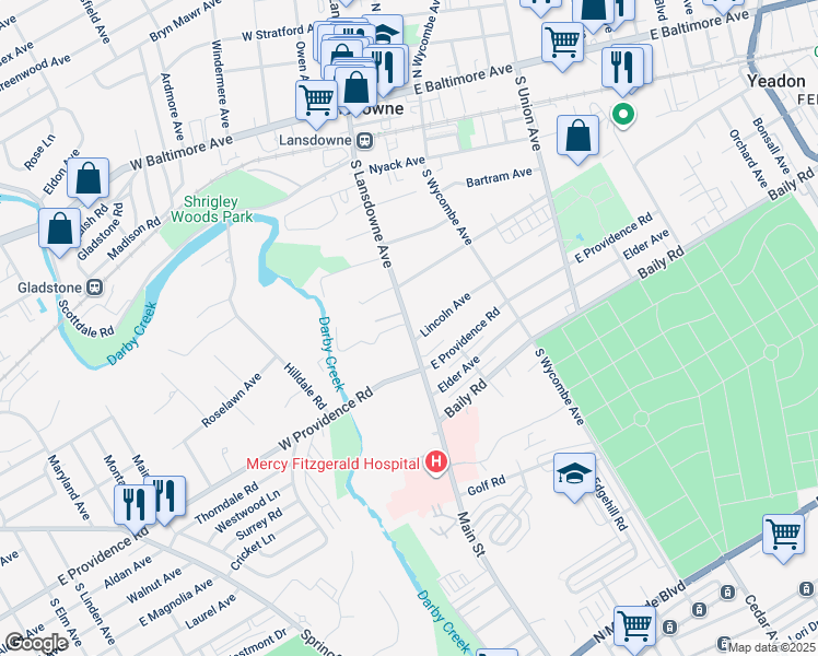 map of restaurants, bars, coffee shops, grocery stores, and more near 433 South Lansdowne Avenue in Lansdowne