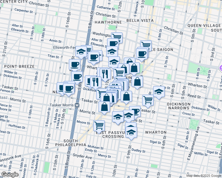 map of restaurants, bars, coffee shops, grocery stores, and more near 1132 Gerritt Street in Philadelphia