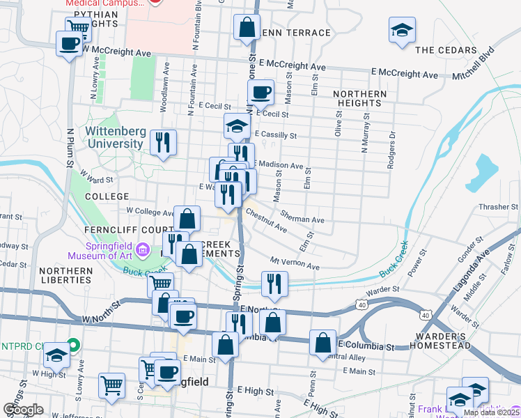 map of restaurants, bars, coffee shops, grocery stores, and more near 234 Chestnut Avenue in Springfield