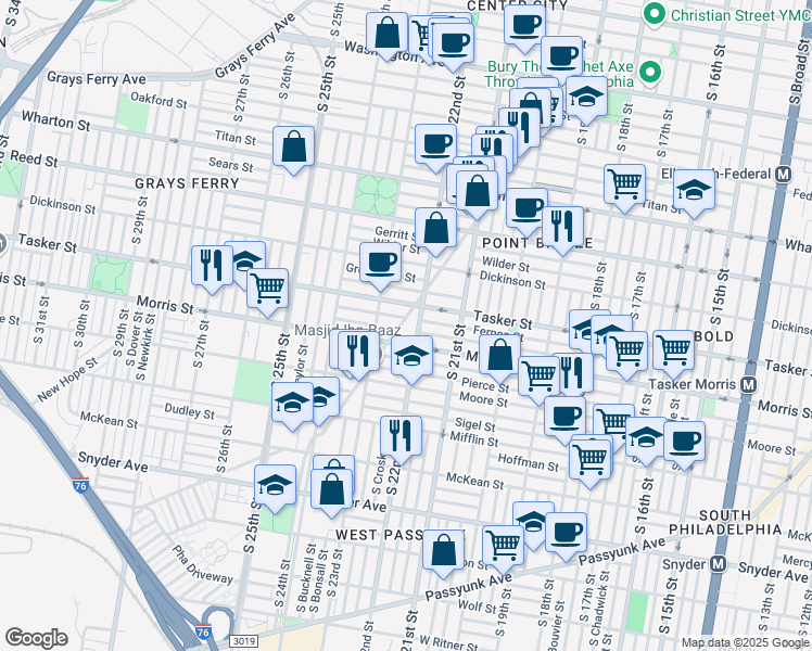 map of restaurants, bars, coffee shops, grocery stores, and more near 1621 South 22nd Street in Philadelphia