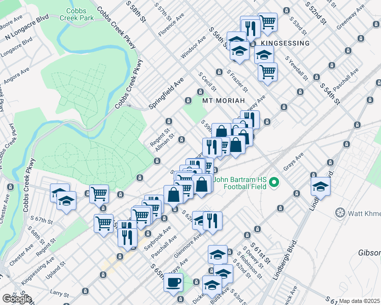 map of restaurants, bars, coffee shops, grocery stores, and more near 6008 Upland Street in Philadelphia