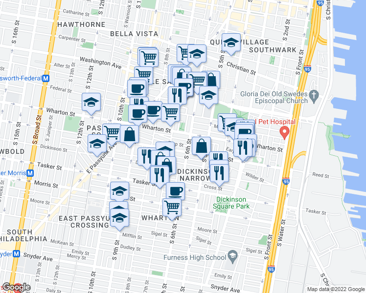 map of restaurants, bars, coffee shops, grocery stores, and more near 610 Earp Street in Philadelphia