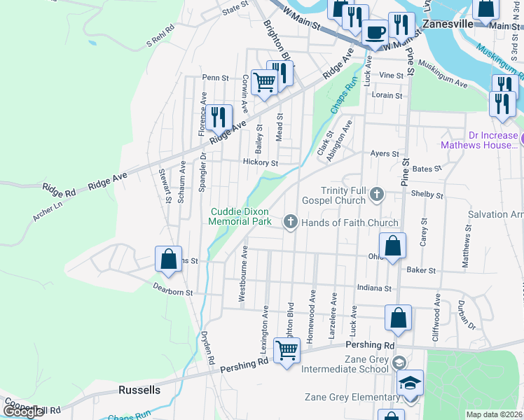 map of restaurants, bars, coffee shops, grocery stores, and more near 637 Dryden Road in Zanesville
