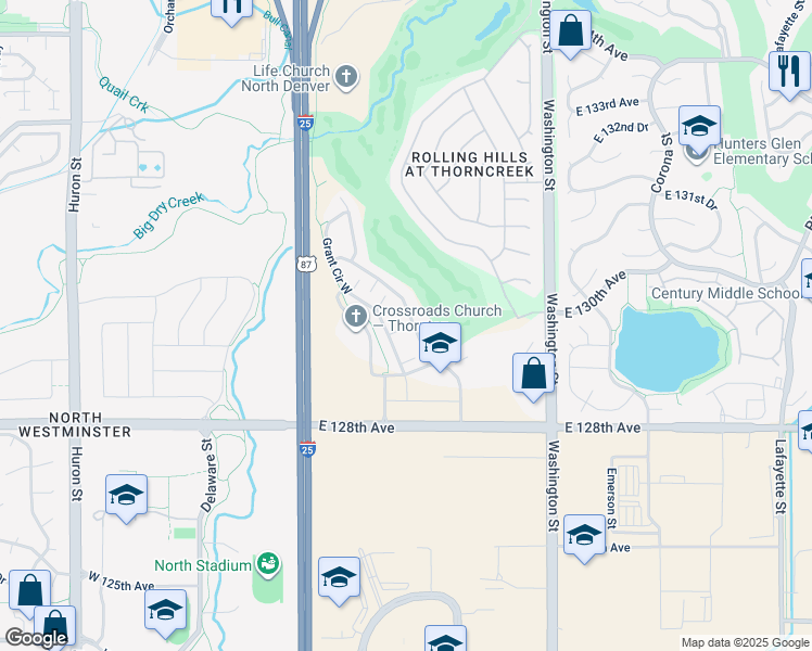 map of restaurants, bars, coffee shops, grocery stores, and more near 12943 Grant Circle East in Denver