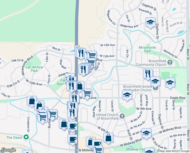 map of restaurants, bars, coffee shops, grocery stores, and more near 1136 Opal Street in Broomfield