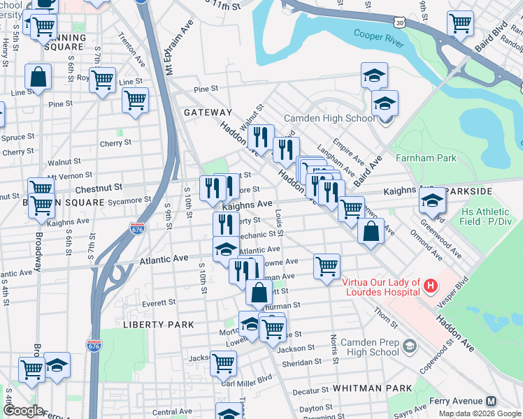 map of restaurants, bars, coffee shops, grocery stores, and more near 1150 Kaighns Avenue in Camden