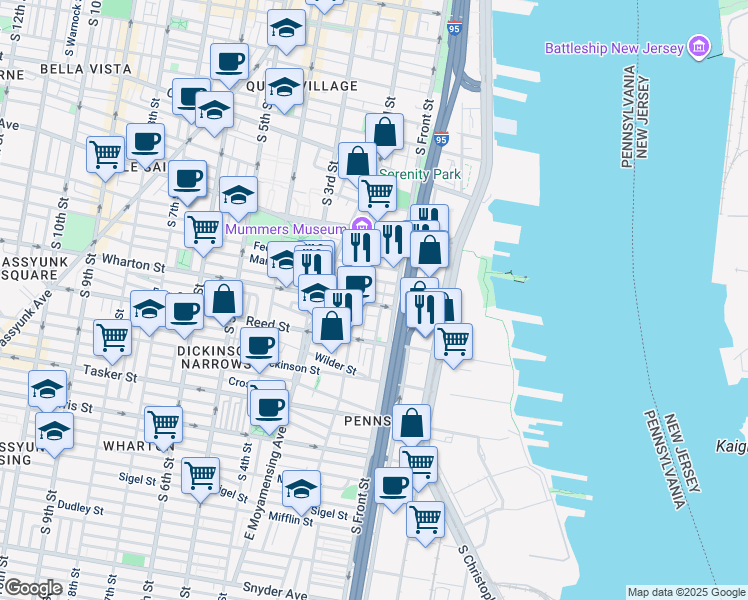 map of restaurants, bars, coffee shops, grocery stores, and more near 123 Wharton St in Philadelphia