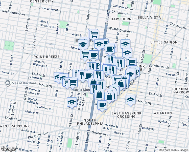 map of restaurants, bars, coffee shops, grocery stores, and more near in Philadelphia