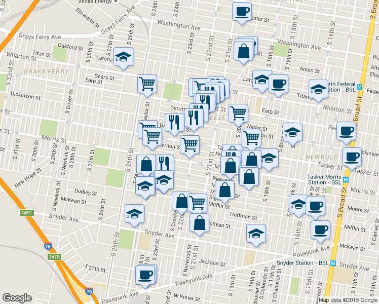 map of restaurants, bars, coffee shops, grocery stores, and more near 1621 South 22nd Street in Philadelphia