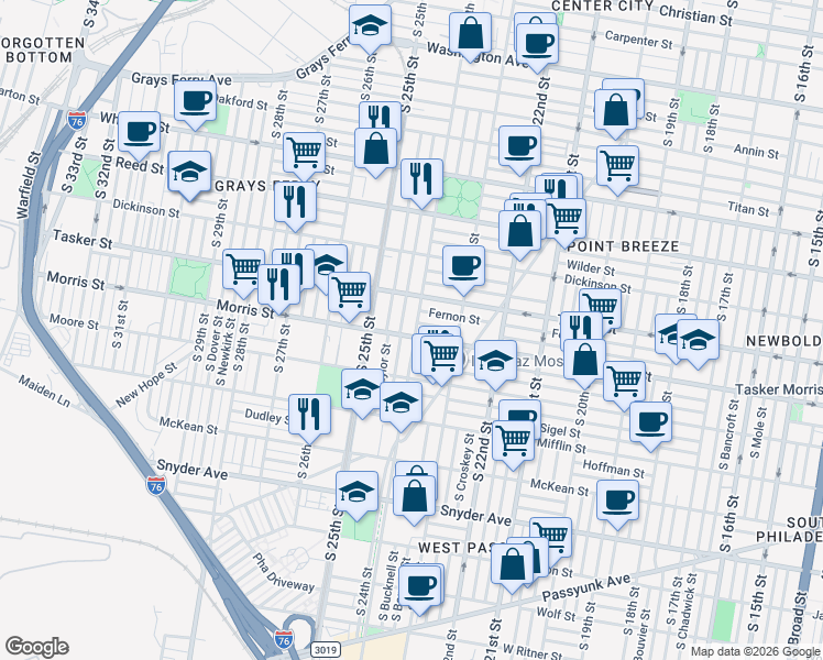 map of restaurants, bars, coffee shops, grocery stores, and more near 2341 Morris Street in Philadelphia