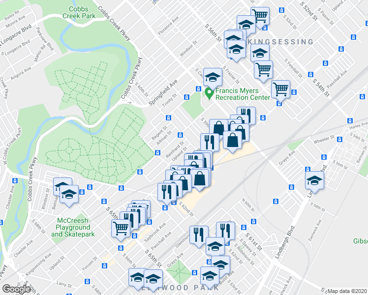 map of restaurants, bars, coffee shops, grocery stores, and more near 6008 Upland Street in Philadelphia