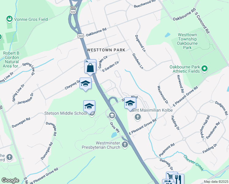 map of restaurants, bars, coffee shops, grocery stores, and more near 100 Gilpin Drive in West Chester
