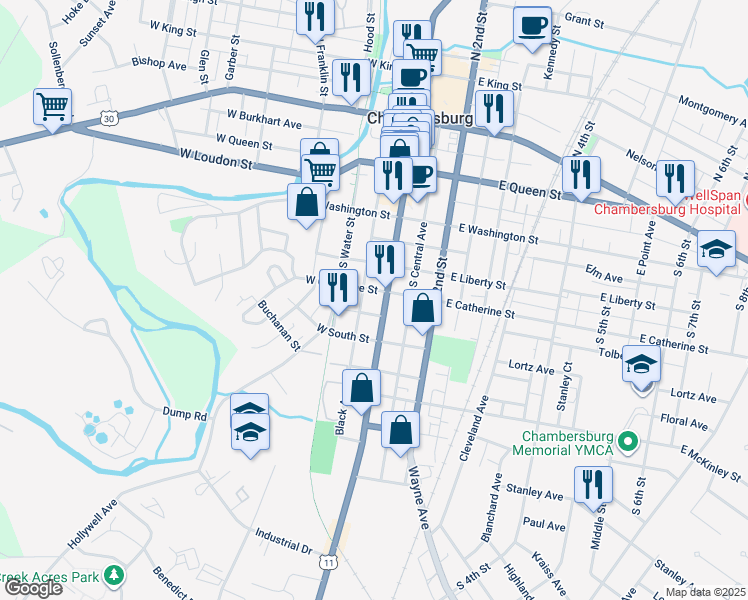 map of restaurants, bars, coffee shops, grocery stores, and more near 414 South Main Street in Chambersburg