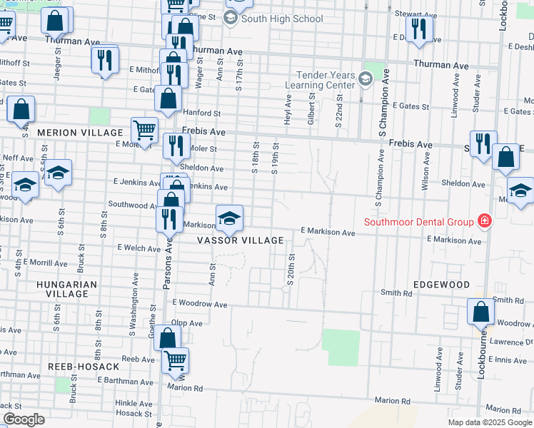 map of restaurants, bars, coffee shops, grocery stores, and more near 647 Southwood Avenue in Columbus