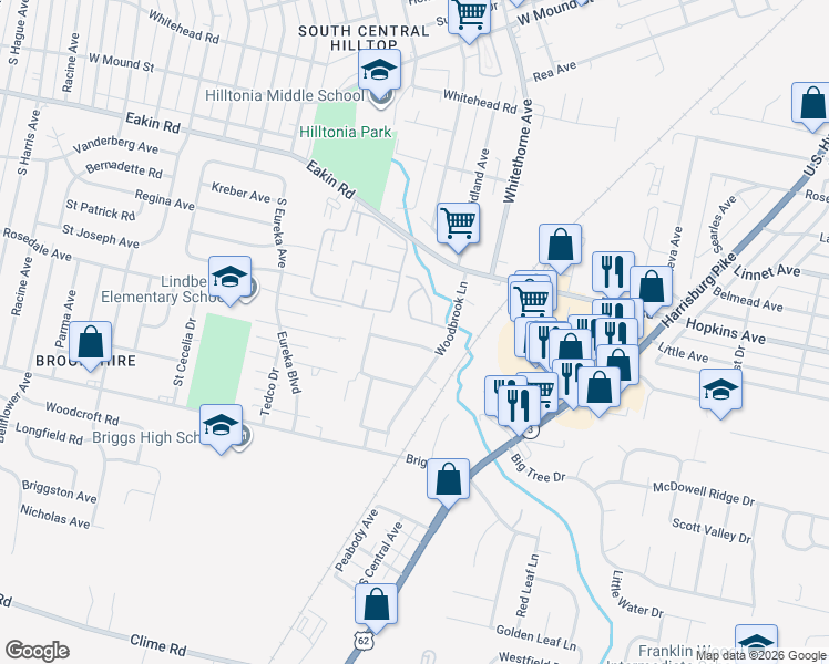 map of restaurants, bars, coffee shops, grocery stores, and more near 2314 Woodbrook Circle North in Columbus
