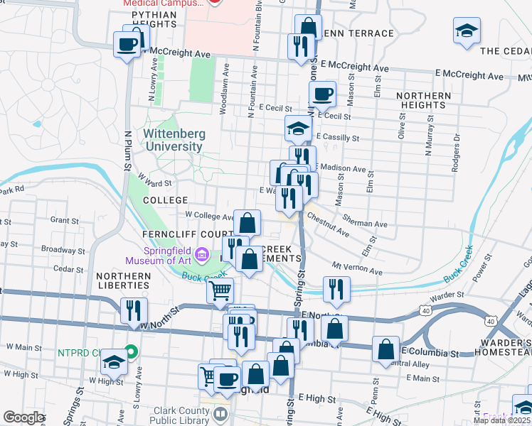map of restaurants, bars, coffee shops, grocery stores, and more near 44 East College Avenue in Springfield