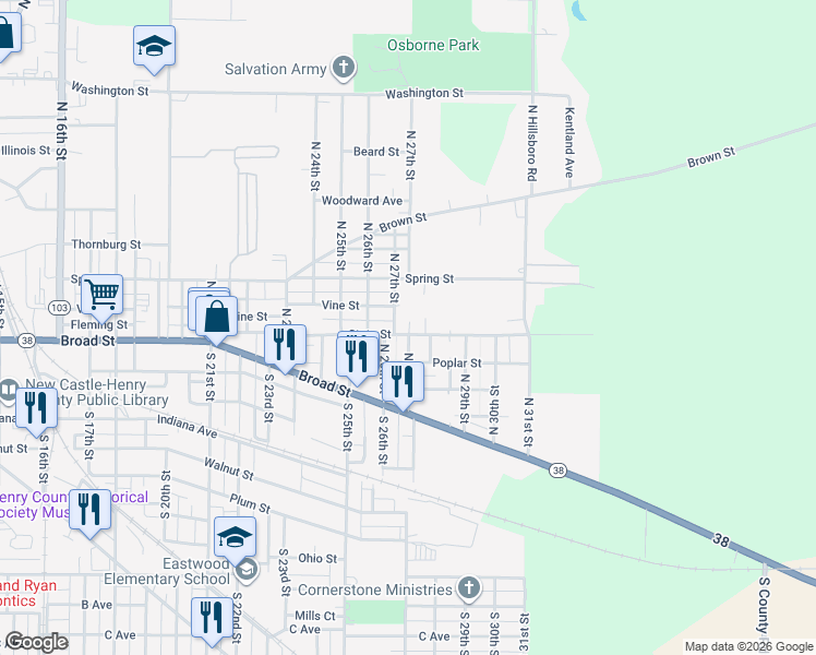 map of restaurants, bars, coffee shops, grocery stores, and more near 2660-2698 State Street in New Castle