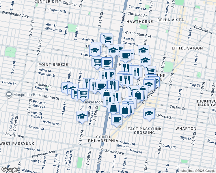 map of restaurants, bars, coffee shops, grocery stores, and more near in Philadelphia