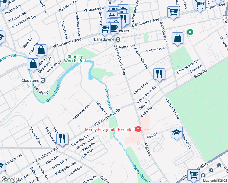 map of restaurants, bars, coffee shops, grocery stores, and more near 436 South Lansdowne Avenue in Lansdowne