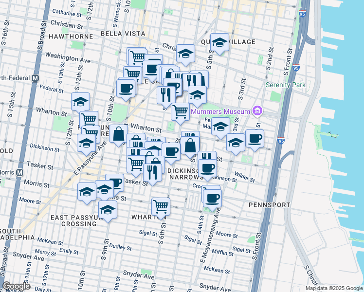 map of restaurants, bars, coffee shops, grocery stores, and more near 1330 South Fairhill Street in Philadelphia