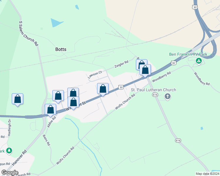 map of restaurants, bars, coffee shops, grocery stores, and more near 4215 West Market Street in York