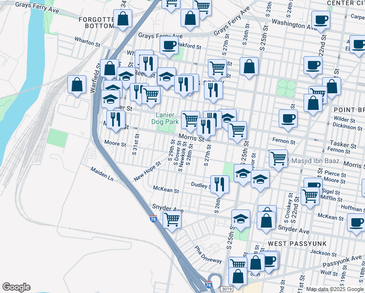 map of restaurants, bars, coffee shops, grocery stores, and more near 1726 South Newkirk Street in Philadelphia