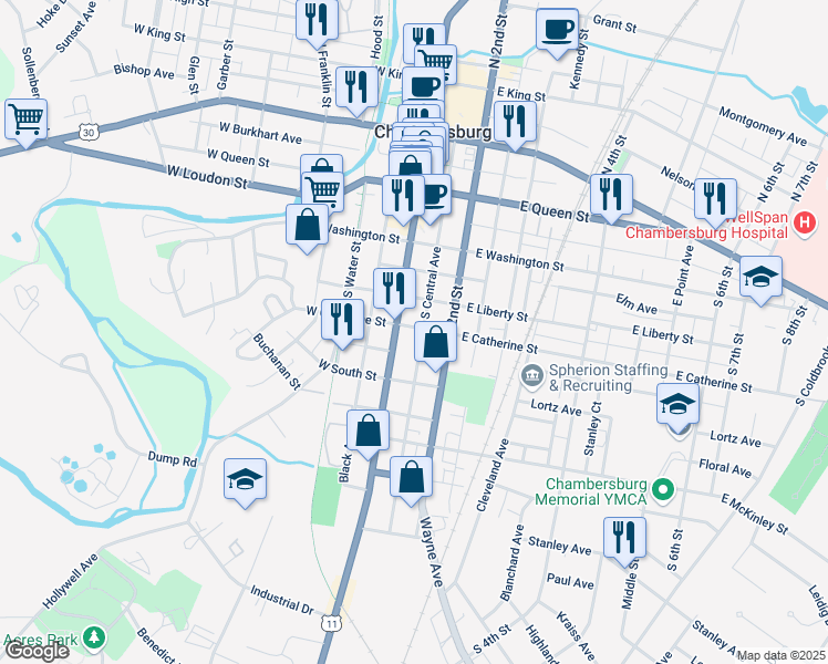 map of restaurants, bars, coffee shops, grocery stores, and more near 128 East Catherine Street in Chambersburg