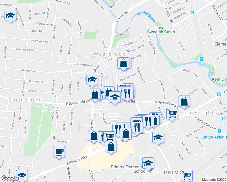 map of restaurants, bars, coffee shops, grocery stores, and more near 5211 Westpark Lane in Clifton Heights